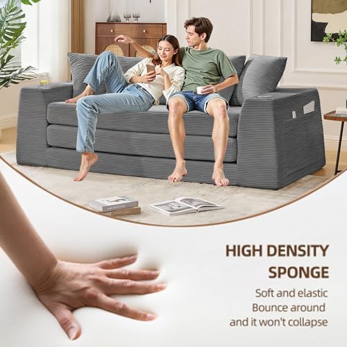 82'' Boneless Loveseat Sleeper Sofa, Convertible Sofa Bed with Side Pocket Cup Holders, Corduroy Pull Out Floor Couch with 5 Pillows, Folding Mattress Couch for Small Spaces No Assembly (Dark Grey)