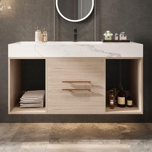 39.4'' Bathroom Vanity with Sink, Floating Ceramic Sink Bathroom Vanity with Countertop Multi-Layer Solid Wood Cabinet Soft-Close Drawers Open Shelf Storage (Oak, 39.4''-Countertop)