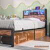 Twin Size Bed Frame with Storage Headboard and LED Lights, Metal Platform Bed with Charging Station, Bookcase Storage, No Box Spring Needed, Easy Assembly (Brown)