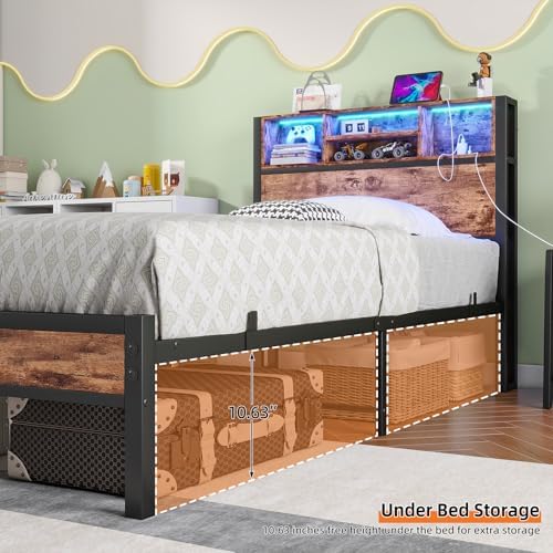 Twin Size Bed Frame with Storage Headboard and LED Lights, Metal Platform Bed with Charging Station, Bookcase Storage, No Box Spring Needed, Easy Assembly (Brown)