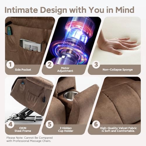 Cloud Power Lift Recliner with 26'' Extra Wide Seat for Large Weight Elderly, Maximum Weight 400lb, Velvet Comfort Lift Lazy Boy Recliner Chair with Massage and Lumbar Heat with Cup Holder and Pocket