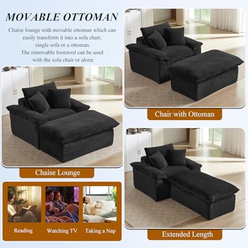 51'' Chaise Lounge Chair Indoor with Ottoman, Oversized Corduroy Upholstered Boneless Sofa Bed, Deep Seat Sleeper Couch Reading Chairs, Cloud Sofas Couches for Living Room (Black)