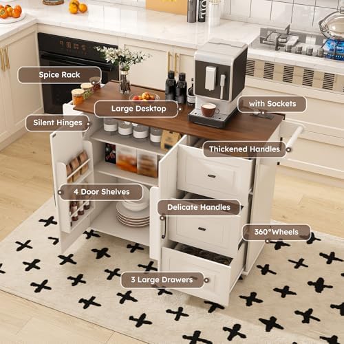Kitchen Island Cart with Trash Can Storage, 44" Portable Kitchen Island on Wheels with Drop Leaf & Power Outlet, Large Mobile Islands Table, Bar Table with Towel Rack & Spice Rack