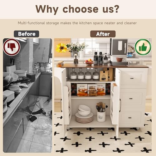 Kitchen Island Cart with Trash Can Storage, 44" Portable Kitchen Island on Wheels with Drop Leaf & Power Outlet, Large Mobile Islands Table, Bar Table with Towel Rack & Spice Rack