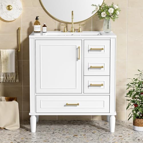 Bathroom Vanity, 30" Bathroom Vanity with Sink, Modern Storage Cabinet with 3 Drawers & 1 Door, Freestanding Bathroom Vanities, Solid Wood Frame for Small Space 30'' x 18'' x 34'' (White)