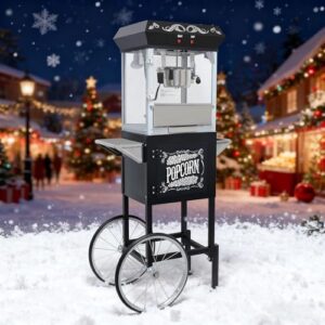Popcorn Machine with Cart, Popcorn Maker with 8 Oz Kettle Makes Up to 32 Cups, Vintage Movie Theater Style Pop corn Machine with 304 Stainless-Steel Movie Night Supplies for Home (Black)