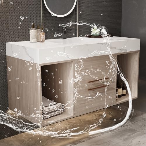 39.4'' Bathroom Vanity with Sink, Floating Ceramic Sink Bathroom Vanity with Countertop Multi-Layer Solid Wood Cabinet Soft-Close Drawers Open Shelf Storage (Oak, 39.4''-Countertop)