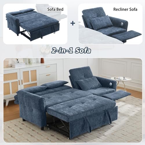 2-in-1 Sleeper Sofa with Pull Out Couch Bed and a Reversible Recliner, 82'' Convertible Chenille Cloud Couch with USB & Adjustable Backrest Comfy Recliner Couches for Living Room Apartment (Blue)