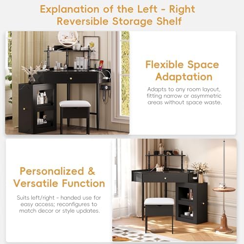 Makeup Vanity Desk Without Mirror, Corner Vanity Desk Set with Storage Cushioned Stool and Charging Station, Makeup Desks with Removable Pull-Out Side Cabinet for Women, Small Place (Black)