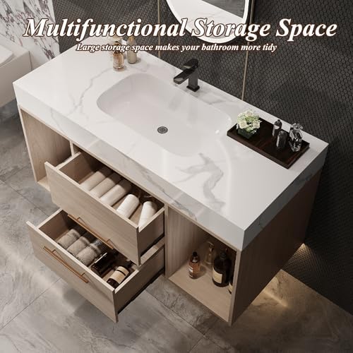 39.4'' Bathroom Vanity with Sink, Floating Ceramic Sink Bathroom Vanity with Countertop Multi-Layer Solid Wood Cabinet Soft-Close Drawers Open Shelf Storage (Oak, 39.4''-Countertop)