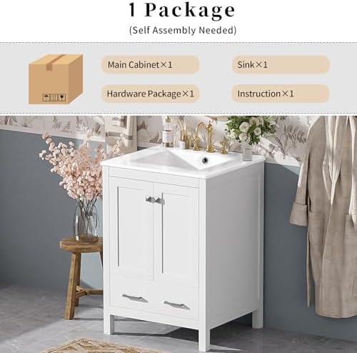 24" Bathroom Vanity with Sink Combo Set, Solid Wood Frame Bathroom Storage Cabinet with 2 Drawers and 1 Drawer, Double-layer Door Shelf, Soft Closing Cabinet Door with Organizer, White
