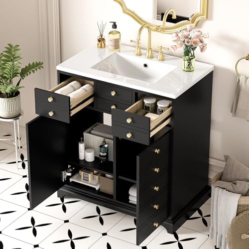 30'' Bathroom Vanity with Ceramic Sink Combo, Solid Wood Frame Bathroom Storage Cabinet, Freestanding Vanity Set with 2 Drawers & Soft Closing Doors (30'')