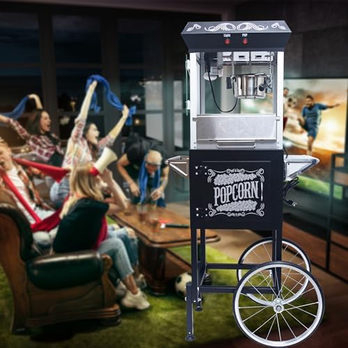 Popcorn Machine with Cart, Popcorn Maker with 8 Oz Kettle Makes Up to 32 Cups, Vintage Movie Theater Style Pop corn Machine with 304 Stainless-Steel Movie Night Supplies for Home (Black)
