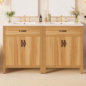 60'' Bathroom Vanity with Ceramic Sink Combo, Freestanding Double Bathroom Vanities with 4 Soft Close Doors, 2 Flip Drawer, Adjustable Shelf, Modern Storage Cabinet for Small Bathrooms (60 Inch)