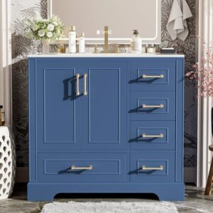 36" Bathroom Vanity with Ceramic Sink Combo, Freestanding Modern Bathroom Storage Vanity Cabinet with 2 Soft-Closing Doors & 4 Drawers, Bathroom Vanities, Solid Wood Frame, Storage Cabinet (Blue)