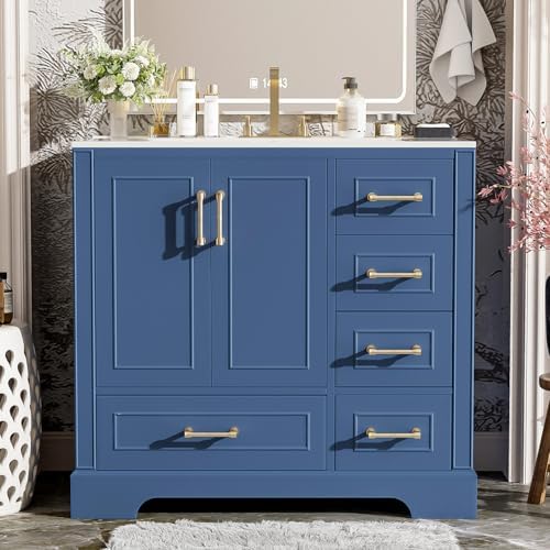 36" Bathroom Vanity with Ceramic Sink Combo, Freestanding Modern Bathroom Storage Vanity Cabinet with 2 Soft-Closing Doors & 4 Drawers, Bathroom Vanities, Solid Wood Frame, Storage Cabinet (Blue)