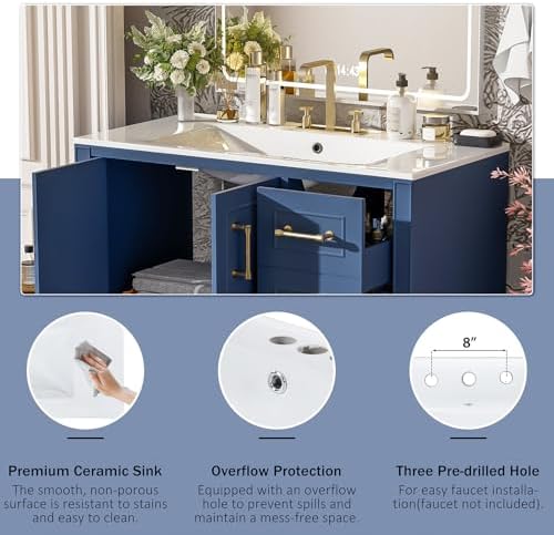 36" Bathroom Vanity with Ceramic Sink Combo, Freestanding Modern Bathroom Storage Vanity Cabinet with 2 Soft-Closing Doors & 4 Drawers, Bathroom Vanities, Solid Wood Frame, Storage Cabinet (Blue)
