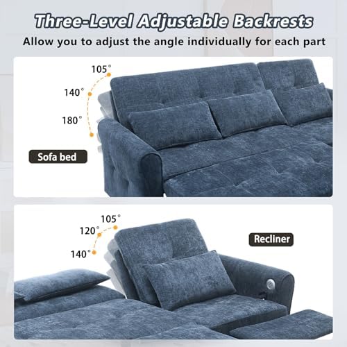 2-in-1 Sleeper Sofa with Pull Out Couch Bed and a Reversible Recliner, 82'' Convertible Chenille Cloud Couch with USB & Adjustable Backrest Comfy Recliner Couches for Living Room Apartment (Blue)