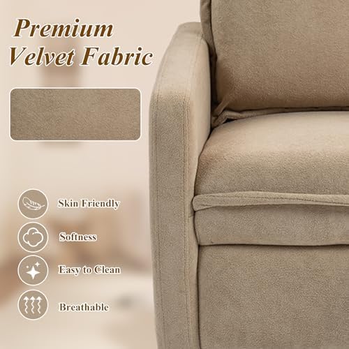 360° Swivel Rocking Chair Nursery, Glider Recliner Chair with High Backrest, Manual Swivel Rocker Recliner with Deep Cushioned Seat for Living Room, Bedroom, Baby Room(Camel)