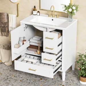 Bathroom Vanity, 30" Bathroom Vanity with Sink, Modern Storage Cabinet with 3 Drawers & 1 Door, Freestanding Bathroom Vanities, Solid Wood Frame for Small Space 30'' x 18'' x 34'' (White)