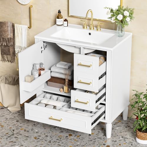Bathroom Vanity, 30" Bathroom Vanity with Sink, Modern Storage Cabinet with 3 Drawers & 1 Door, Freestanding Bathroom Vanities, Solid Wood Frame for Small Space 30'' x 18'' x 34'' (White)