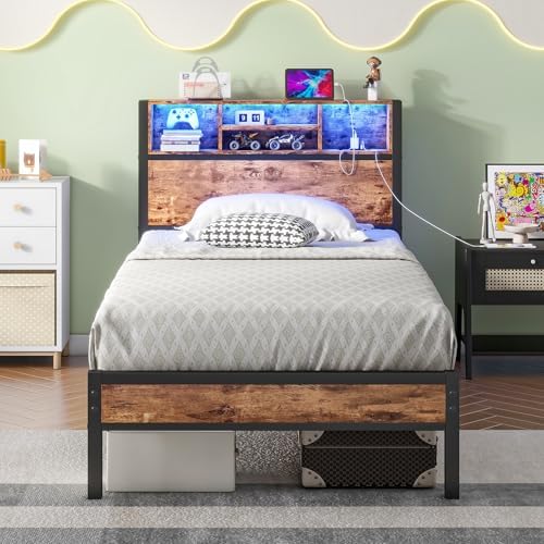 Twin Size Bed Frame with Storage Headboard and LED Lights, Metal Platform Bed with Charging Station, Bookcase Storage, No Box Spring Needed, Easy Assembly (Brown)