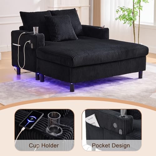 56'' Oversized Chaise Lounge Chair Indoor, Comfy Corduroy Chaise Sofa Recliner Bed Upholstered Sleeper Couch Bed with USB Charging, LED, Cup Holder, Side Pocket for Living Room (Balck)