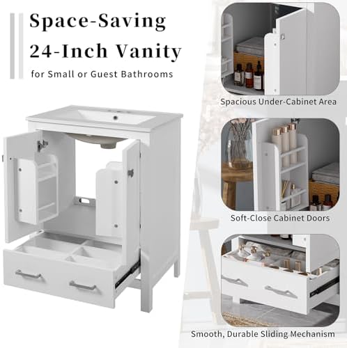 24" Bathroom Vanity with Sink Combo Set, Solid Wood Frame Bathroom Storage Cabinet with 2 Drawers and 1 Drawer, Double-layer Door Shelf, Soft Closing Cabinet Door with Organizer, White