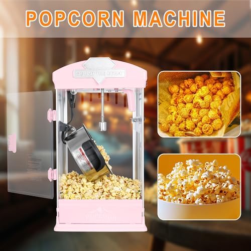 Portable Popcorn Machine, 8 Ounce Nonstick Kettle Small Popcorn Maker, Movie Theater Commercial Popper Machine for Parties, Events, and Home Theater (Pink)