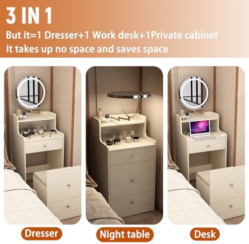 3 in 1 Vanity Desk with Flip Top Mirror, Small Make Up Vanity Set with Mirror and Lights, Compact Makeup Vanities with 2 Drawers, Cushioned Stool, Dressing Table for Bedroom (Light Yellow)