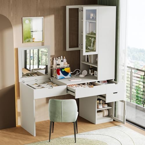 Large Versatile Makeup Vanity Desk with Mirror and Charging Station, Home Office Desk, Dressing Table with 8 Hidden Storage Compartments, Computer Desk with 3 Drawers, 2 Cabinets and Open Shelves