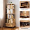 5 Tier Rotating Bookshelf with Swivel Wheels, Round Revolving Bookcase, 360° Rotation Book Shelf Tower Kids Adult, Narrow Rolling Bookshelves for Small Space, Corner, Bedroom (Wood, 5 Tier + Wheels)