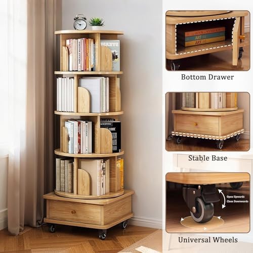 5 Tier Rotating Bookshelf with Swivel Wheels, Round Revolving Bookcase, 360° Rotation Book Shelf Tower Kids Adult, Narrow Rolling Bookshelves for Small Space, Corner, Bedroom (Wood, 5 Tier + Wheels)