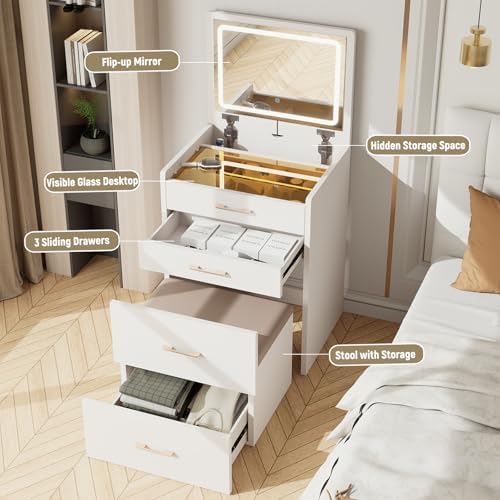 3 in 1 Vanity Desk with Flip Top Mirror, Small Make Up Set with Visible Glass Desktop, Compact Makeup Vanity with 3 Drawers Hidden Storage & Cushioned Stool, Dressing Table for Bedroom