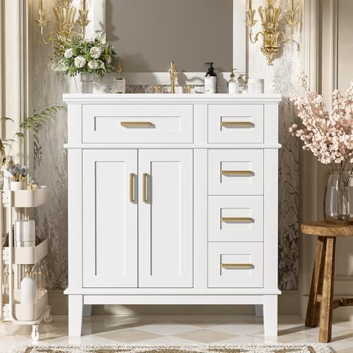 30'' Bathroom Vanity with Single Sink Combo, Freestanding Modern Bathroom Storage Sink Cabinet, Storage Cabinet with 2 Drawers & 2 Door, Solid Wood Frame for Small Bathrooms, White