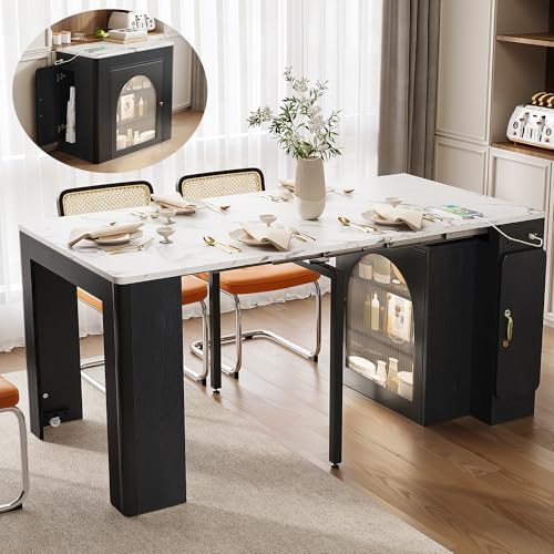 Extendable Dining Table for 4-6, 33''-59'' Extending Dining Table w/Removable Leaves Space Saving, Mobile Rolling Island Tables with Power Outlet Wooden Adjustable Tables for Kitchen (Black)