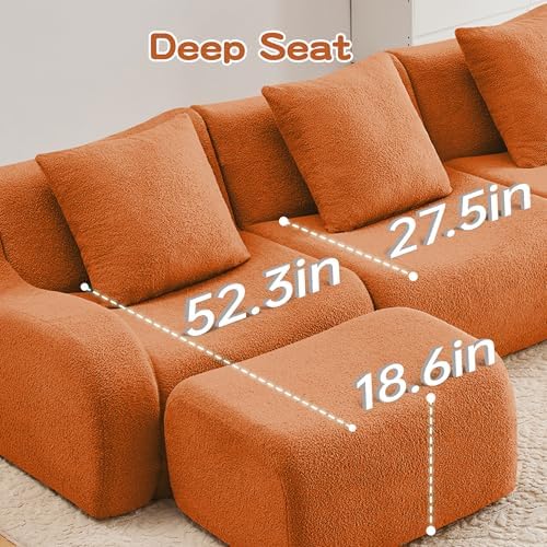 82'' L Shaped Couch | Boneless Couches for Living Room with 1 Ottoman | Modular Sectional Couch in A Box | 32D High Density Sponge | Curved Armrest Sofa (Orange, 2Seater + 1 Otto)