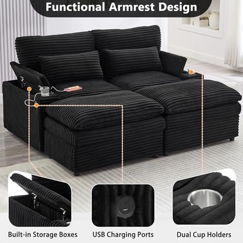 70.9" Oversized Double Lounge Chaise | Loveseat Sofa | Sectional Convertible Sofa Bed | USB Ports | Cup Holders | Storage Space | Cloud Plush Couch Bed | Living Room Reading (Black)