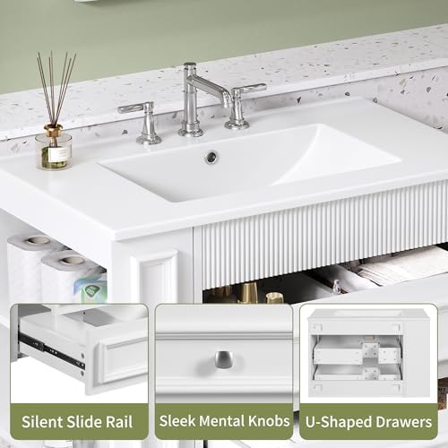 30 Inches Bathroom Vanity with Sink MDF, Wall Mounted Floating Cabinets w/Double Drawers, 3 Holes Single Ceramic Sink Combo Set Modern Storage Cabinet (White)