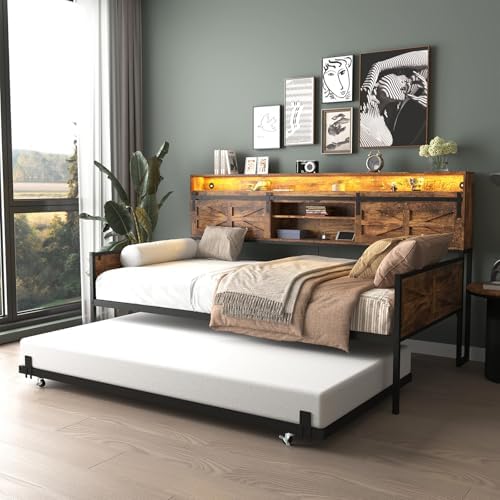77'' Twin Daybed with Trundle, Farmhouse Daybed Sofa Bed Frame with Sliding Barn Door Headboard and Charging Station & LED Light for Bedroom and Guest Room