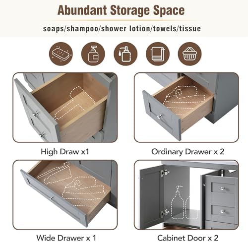 72'' Bathroom Vanities with Ceramic Sink Combo, Freestanding Double Bathroom Vanity Storage Cabinet 4 Soft Closing Doors & 2 Drawers Floor Standing Storage (Grey)