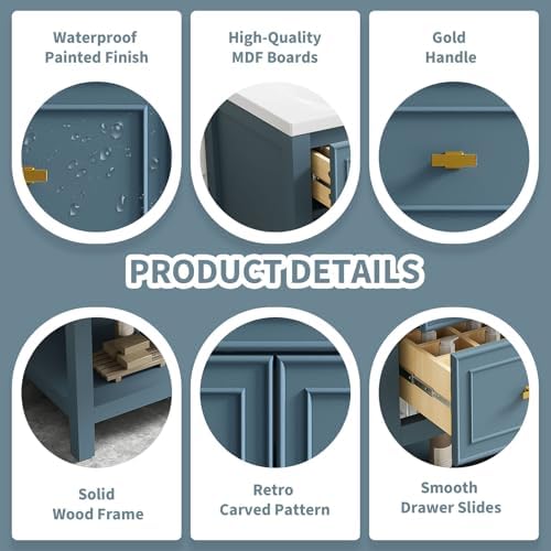 30" Bathroom Vanity with Sink Set, Vintage Bathroom Cabinet Vanity with Ceramic Basin, Extra Large Storage 5 Drawers, Solid Wood Frame Storage Cabinet (Blue)