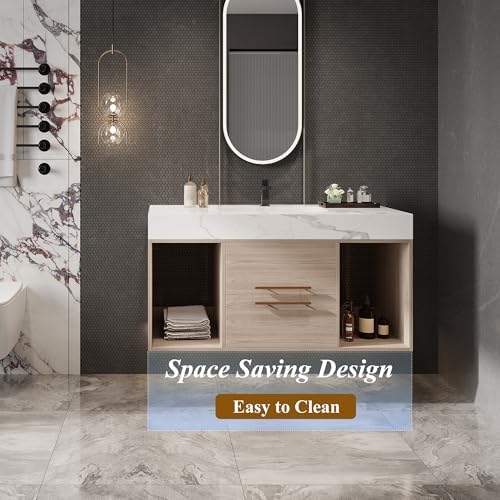 39.4'' Bathroom Vanity with Sink, Floating Ceramic Sink Bathroom Vanity with Countertop Multi-Layer Solid Wood Cabinet Soft-Close Drawers Open Shelf Storage (Oak, 39.4''-Countertop)