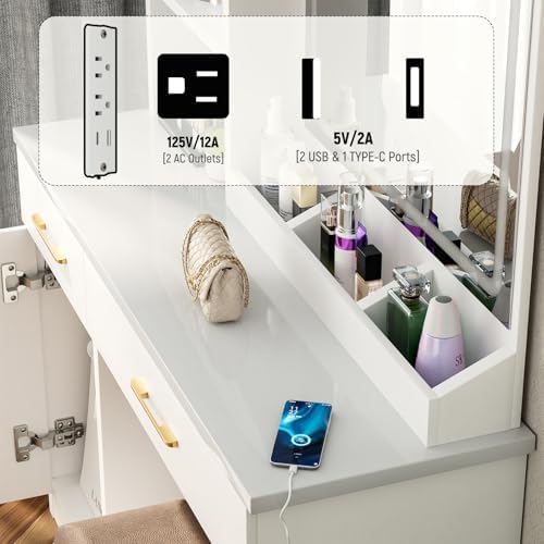 32'' Makeup Vanity Desk with Mirror and Lights, Large LED Mirror with 3 Color Modes, Makeup Vanity with Power Outlet & USB Ports, 6 Open Shelves & 2 Drawers for Women & Girls