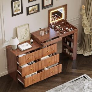 Vanity Desk with Mirror and Lights, Makeup Vanities Table with Flip-Top and Storage 7 Drawers, 9 Compartments, 3 Shelves, Corner Vanity Dressing for Bedroom (Walnut)