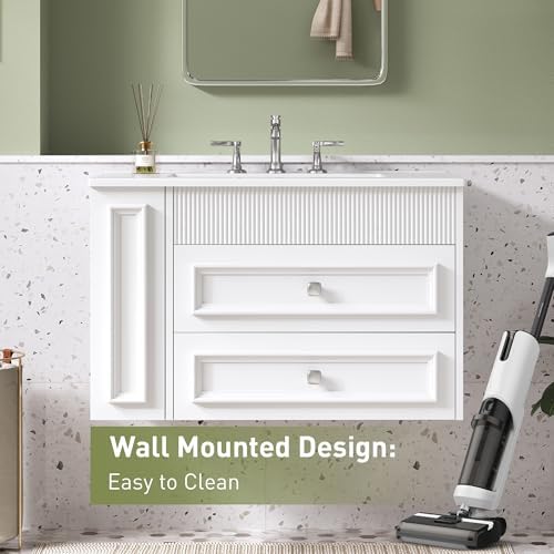 30 Inches Bathroom Vanity with Sink MDF, Wall Mounted Floating Cabinets w/Double Drawers, 3 Holes Single Ceramic Sink Combo Set Modern Storage Cabinet (White)