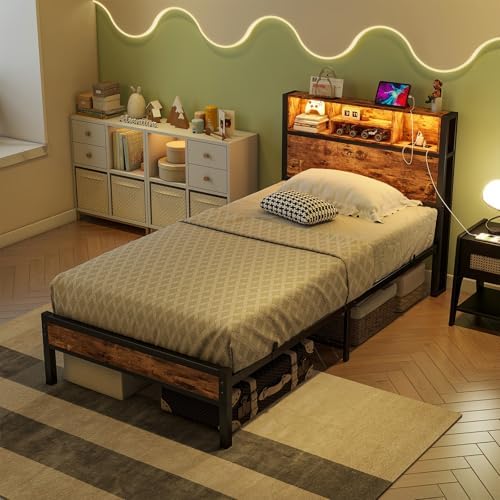 Twin Size Bed Frame with Storage Headboard and LED Lights, Metal Platform Bed with Charging Station, Bookcase Storage, No Box Spring Needed, Easy Assembly (Brown)